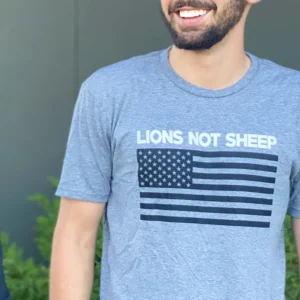 Lions Not Sheep Short Sleeve T-Shirt, Gray with American Flag Artwork