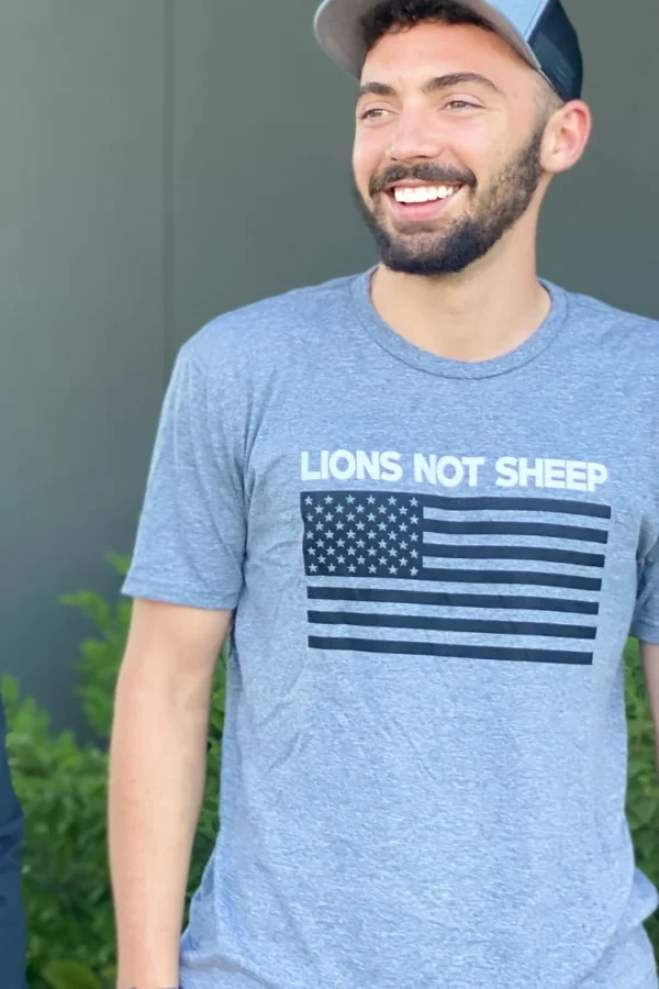 Lions Not Sheep Short Sleeve T-Shirt, Gray with American Flag Artwork