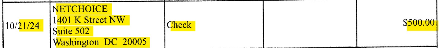 Kansas Senator Stephen Owens NetChoice Campaign Contribution 2024 $500